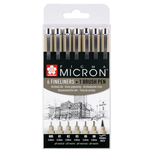 Sakura Pigma Micron Seti 6 Çizgi Kalınlığı ve 1 Fırça Siyah