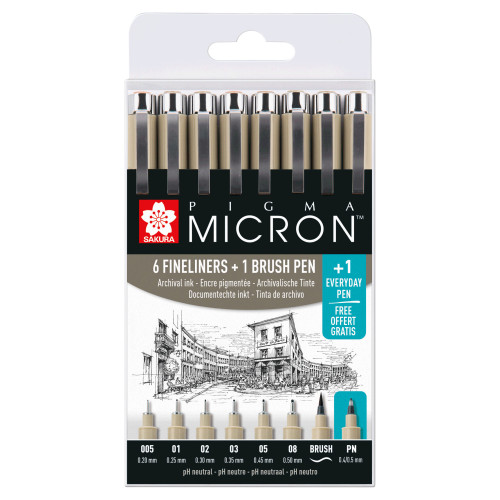 Sakura Pigma Micron Seti 7 Çizgi Kalınlığı ve 1 PN Kalemi (Siyah)